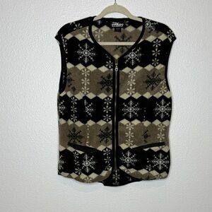 Vintage Sierra Classics Large Snowflake Fleece Vest Tan Black White Full Zip L